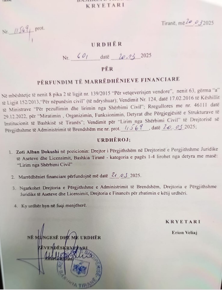 Gjykata Administrative rikthen në detyrë Sekretarin e Përgjithshëm të Bashkisë së Tiranës Alban Dokushi