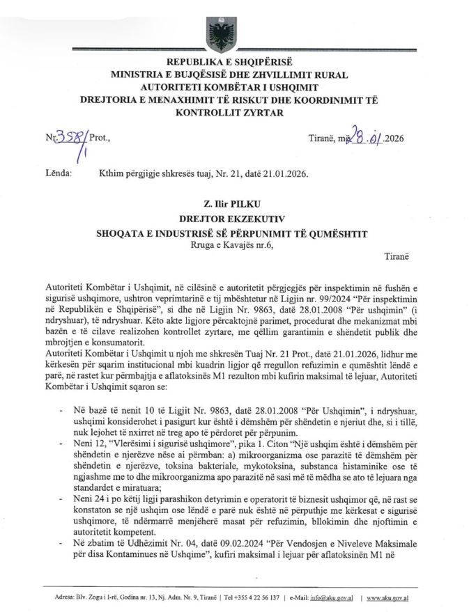 AKU  Refuzimi i qumështit me aflatoksinë  vendimi i duhur si detyrim ligjor ndaj konsumatorit