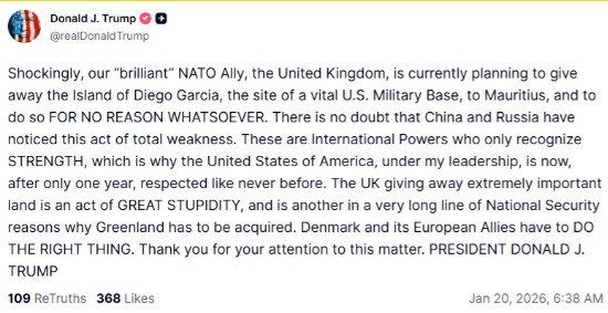 Trump  Vendimi i Britanisë për Ishujt Chagos është budallallëk dhe një arsye për marrjen e Groenlandës