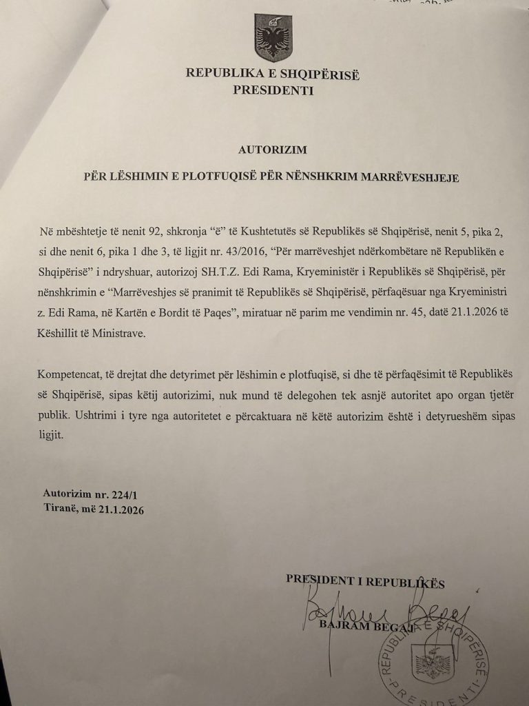 Presidenti Begaj autorizon Kryeministrin Edi Rama për nënshkrimin në Bordin e Paqes