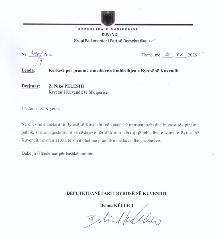 Mbledhja e Byrosë së Kuvendit  Grupi Parlamentar i PD kërkesë Peleshit  Të jetë me dyer të hapura