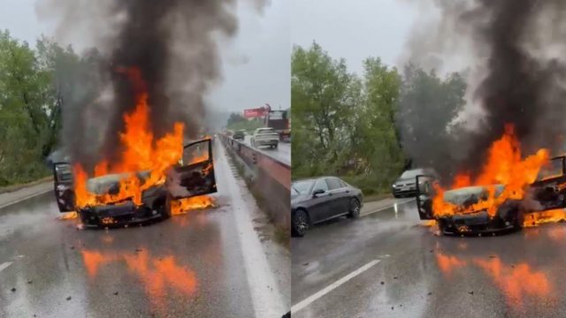 FOTO  Makina përfshihet nga flakët në autostradën Tiranë Durrës pranë Vorës