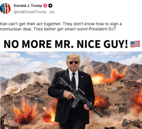 Në një foto me mitraloz dhe bomba Trump mesazh Iranit  Regjimi duhet të marrë masa  nuk ka më djalë të mirë