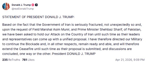 Trump njofton zgjatjen e armëpushimit me Iranin  Bllokada detare do të vazhdojë