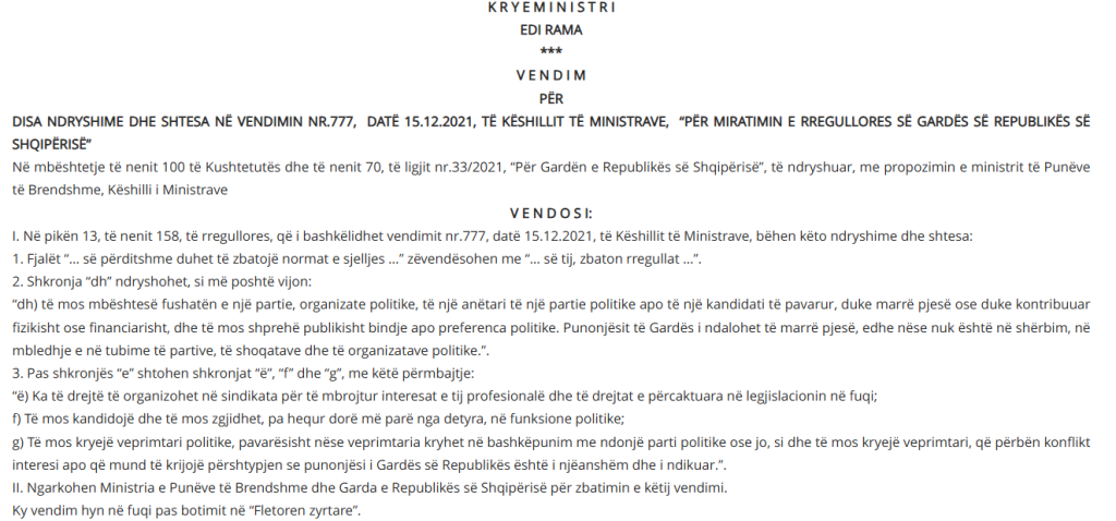 Qeveria miraton ndryshimet në rregulloren e Gardës së Republikës  ndalohet angazhimi politik