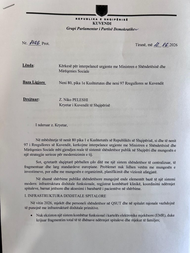 Sistemi shëndetësor publik  Grupi Parlamentar i PD kërkon interpelancë me ministren Evis Sala