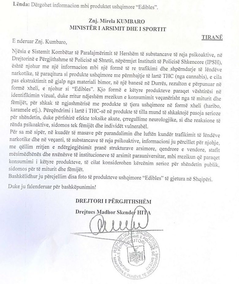 Kanabis në formë karameleje  Hita letër ministres Kumbaro  Informoni stafin mësimdhënës dhe nxënësit për rrezikun