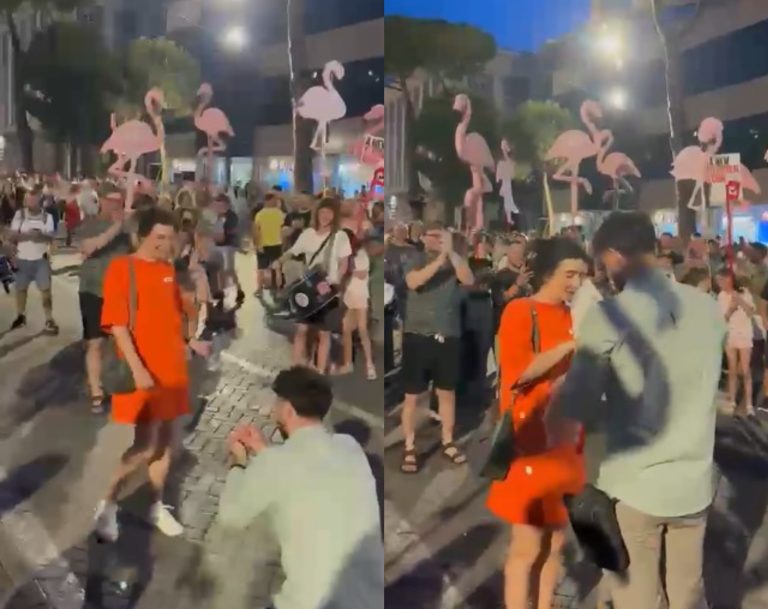 Mes flamingove dhe protestuesve, i riu i ulet në gjunjë të dashurës dhe i propozon për martesë (VIDEO)