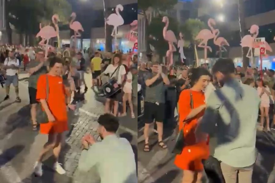 Mes flamingove dhe protestuesve, i riu i ulet në gjunjë të dashurës dhe i propozon për martesë (VIDEO)
