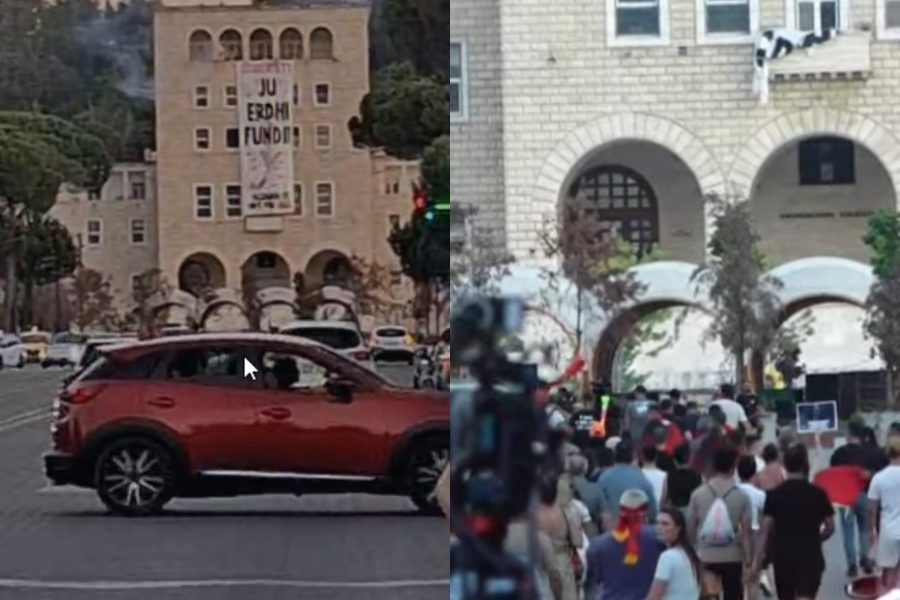 “Ju erdhi fundi”/ Shfaqet një banderolë e madhe te Politekniku, ndërhynë policia. Protestuesit nisen drejt universitetit