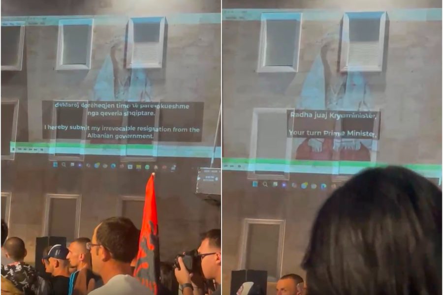 Qytetarët shfaqin videon e ministres Diella në murin e Kryeministrisë: Deklaroj dorëheqjen, radha juaj Rama