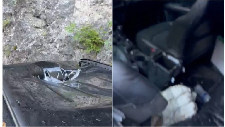 Momente tmerri në Theth, guri bie mbi makinë dhe depërton brenda saj, turistët shpëtojnë për mrekulli (VIDEO)