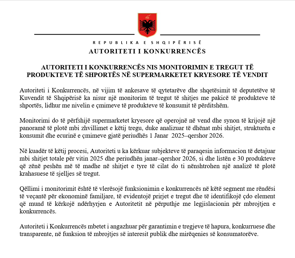 Pas ankesave të qytetarëve dhe shqetësimeve të deputetëve  Autoriteti i Konkurrencës nis monitorimin e çmimeve të shportës