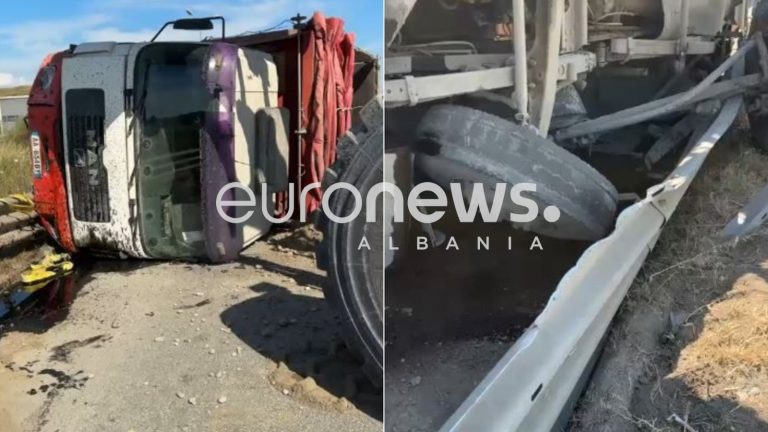 Përmbyset kamioni me inerte në aksin aksin Elbasan-Peqin, bllokohet qarkullimi