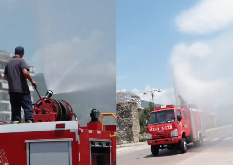 Temperaturat e larta, zjarrfikësit freskojnë rrugët dhe hapësirat publike në Elbasan (VIDEO)