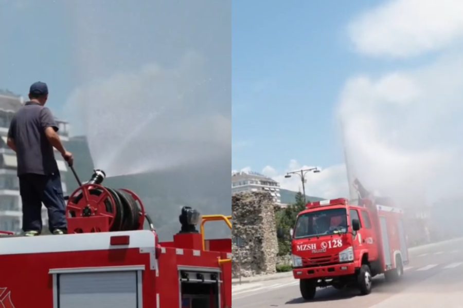 Temperaturat e larta, zjarrfikësit freskojnë rrugët dhe hapësirat publike në Elbasan (VIDEO)