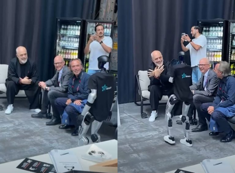 Rama ndan videon, i mëson një roboti në Gjermani të bëjë shqiponjën dykrenare