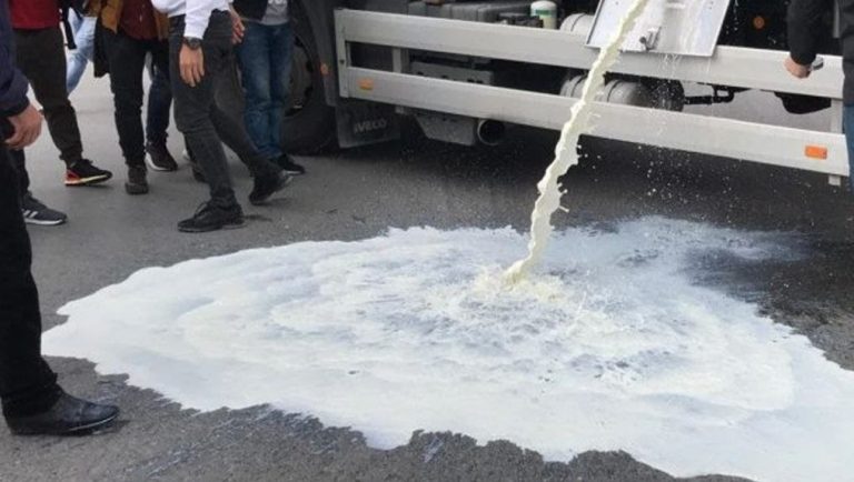Fermerët protestë me traktorë dhe qumësht të derdhur para Ministrisë së Bujqësisë në Prishtinë: Mos na lini pa bukë